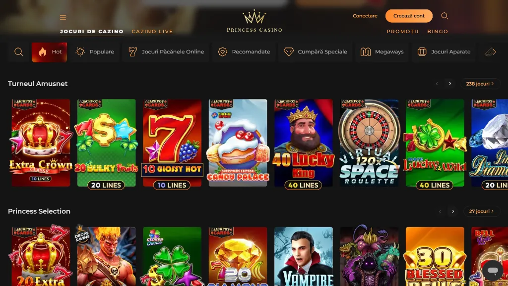 Pagina principală Princess Casino cu jocuri populare și sloturi video din turneul Amusnet
